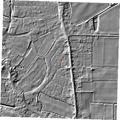 Shaded relief map of the ground around PE129LZ, computed from Environment Agency LiDAR. The ground here sits at about 3 m above sea level and falls 5 m across the surrounding 800 m. Surface water reaching this point runs off ground lying to the north-east, 2.1 m higher.