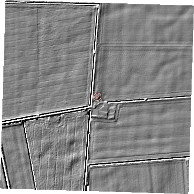 Shaded relief map of the ground around PE129NA, computed from Environment Agency LiDAR. The ground here sits at about 4 m above sea level and falls 3 m across the surrounding 800 m. Surface water reaching this point runs off ground lying to the south, 1.6 m higher.