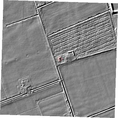 Shaded relief map of the ground around PE129ND, computed from Environment Agency LiDAR. The ground here sits at about 4 m above sea level and falls 5 m across the surrounding 800 m. Surface water reaching this point runs off ground lying to the east-north-east, 2.3 m higher.