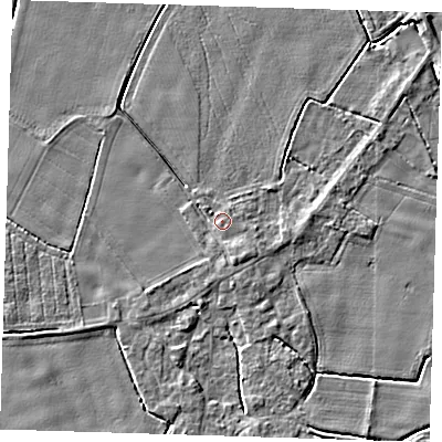 Shaded relief map of the ground around PE129NH, computed from Environment Agency LiDAR. The ground here sits at about 4 m above sea level and falls 4 m across the surrounding 800 m. Surface water reaching this point runs off ground lying to the south-east, 2.0 m higher.