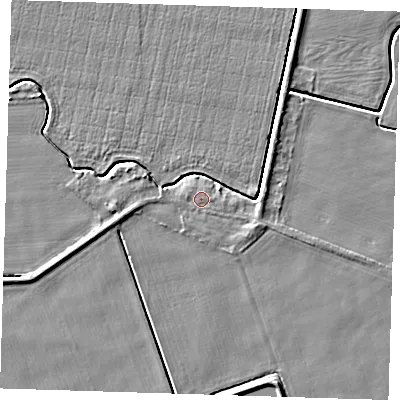 Shaded relief map of the ground around PE129NL, computed from Environment Agency LiDAR. The ground here sits at about 4 m above sea level and falls 5 m across the surrounding 800 m. Surface water reaching this point runs off ground lying to the east-south-east, 1.4 m higher.