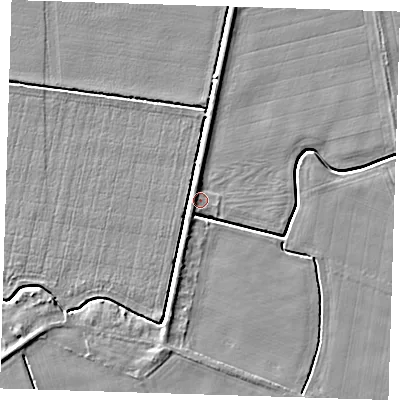 Shaded relief map of the ground around PE129NN, computed from Environment Agency LiDAR. The ground here sits at about 4 m above sea level and falls 5 m across the surrounding 800 m. Surface water reaching this point runs off ground lying to the north-north-west, 3.6 m higher.