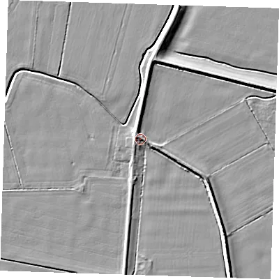 Shaded relief map of the ground around PE129NP, computed from Environment Agency LiDAR. The ground here sits at about 5 m above sea level and falls 6 m across the surrounding 800 m. Surface water reaching this point runs off ground lying to the west-north-west, 2.1 m higher.