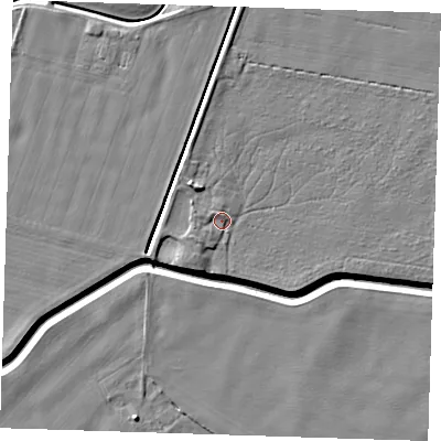 Shaded relief map of the ground around PE129NS, computed from Environment Agency LiDAR. The ground here sits at about 3 m above sea level and falls 7 m across the surrounding 800 m. Surface water reaching this point runs off ground lying to the south-west, 1.7 m higher.