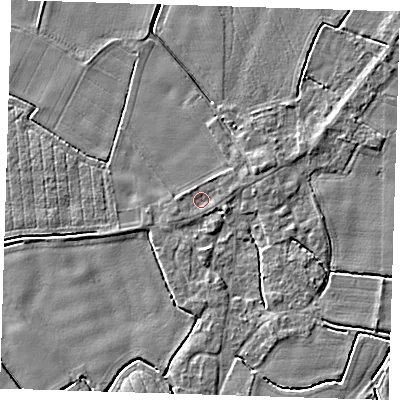 Shaded relief map of the ground around PE129NU, computed from Environment Agency LiDAR. The ground here sits at about 3 m above sea level and falls 4 m across the surrounding 800 m. Surface water reaching this point runs off ground lying to the east-north-east, 1.2 m higher.