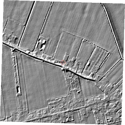 Shaded relief map of the ground around PE129NW, computed from Environment Agency LiDAR. The ground here sits at about 3 m above sea level and falls 5 m across the surrounding 800 m. Surface water reaching this point runs off ground lying to the west, 1.7 m higher.
