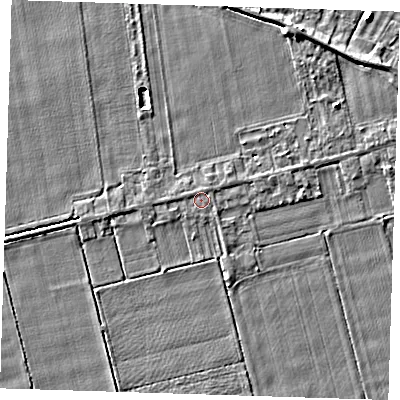 Shaded relief map of the ground around PE129PD, computed from Environment Agency LiDAR. The ground here sits at about 4 m above sea level and falls 5 m across the surrounding 800 m. The ground contributing surface water to this point lies to the north-west.