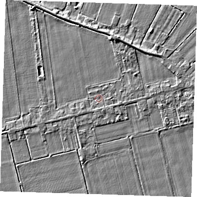 Shaded relief map of the ground around PE129PE, computed from Environment Agency LiDAR. The ground here sits at about 3 m above sea level and falls 5 m across the surrounding 800 m. Surface water reaching this point runs off ground lying to the east, 1.2 m higher.