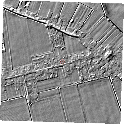 Shaded relief map of the ground around PE129PF, computed from Environment Agency LiDAR. The ground here sits at about 4 m above sea level and falls 5 m across the surrounding 800 m. The ground contributing surface water to this point lies to the north-north-east.