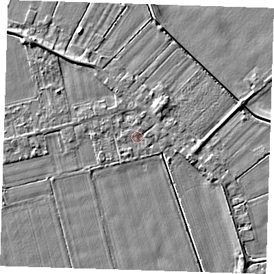 Shaded relief map of the ground around PE129PG, computed from Environment Agency LiDAR. The ground here sits at about 4 m above sea level and falls 5 m across the surrounding 800 m. Surface water reaching this point runs off ground lying to the north-north-east, 1.1 m higher.