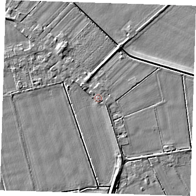 Shaded relief map of the ground around PE129PJ, computed from Environment Agency LiDAR. The ground here sits at about 5 m above sea level and falls 4 m across the surrounding 800 m. Surface water reaching this point runs off ground lying to the west-north-west, 2.4 m higher.