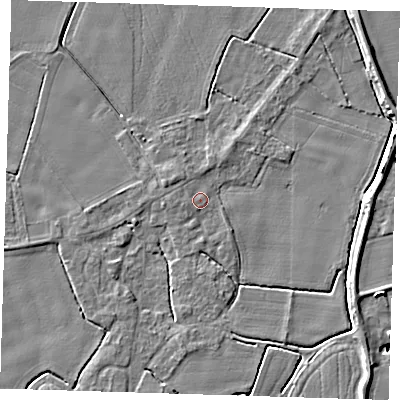 Shaded relief map of the ground around PE129PP, computed from Environment Agency LiDAR. The ground here sits at about 4 m above sea level and falls 6 m across the surrounding 800 m. Surface water reaching this point runs off ground lying to the west-north-west, 0.6 m higher.