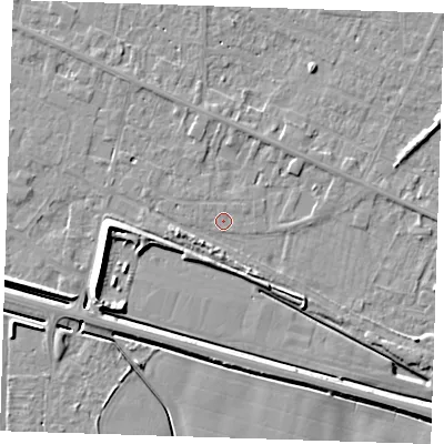 Shaded relief map of the ground around PE129PY, computed from Environment Agency LiDAR. The ground here sits at about 4 m above sea level and falls 7 m across the surrounding 800 m. Surface water reaching this point runs off ground lying to the west-south-west, 2.2 m higher.