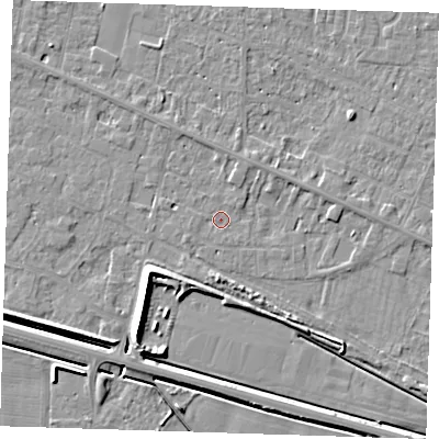Shaded relief map of the ground around PE129PZ, computed from Environment Agency LiDAR. The ground here sits at about 4 m above sea level and falls 7 m across the surrounding 800 m. Surface water reaching this point runs off ground lying to the north-north-east, 1.4 m higher.