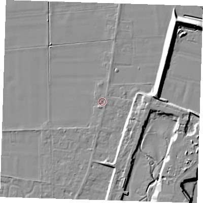 Shaded relief map of the ground around PE129QA, computed from Environment Agency LiDAR. The ground here sits at about 4 m above sea level and falls 12 m across the surrounding 800 m. The ground contributing surface water to this point lies to the south.