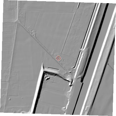 Shaded relief map of the ground around PE129QB, computed from Environment Agency LiDAR. The ground here sits at about 4 m above sea level and falls 12 m across the surrounding 800 m. Surface water reaching this point runs off ground lying to the south-south-west, 1.5 m higher.