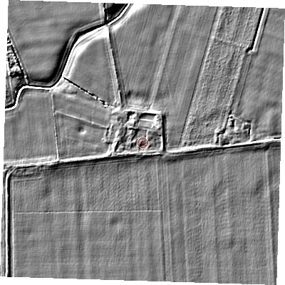 Shaded relief map of the ground around PE129QF, computed from Environment Agency LiDAR. The ground here sits at about 4 m above sea level and falls 3 m across the surrounding 800 m. Surface water reaching this point runs off ground lying to the north-east, 0.9 m higher.