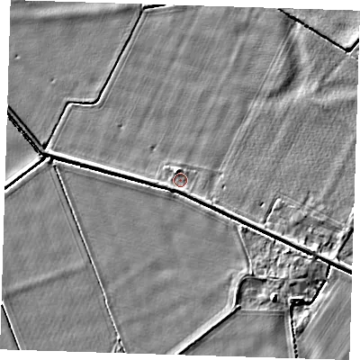 Shaded relief map of the ground around PE129QG, computed from Environment Agency LiDAR. The ground here sits at about 4 m above sea level and falls 4 m across the surrounding 800 m. Surface water reaching this point runs off ground lying to the north-north-west, 1.2 m higher.