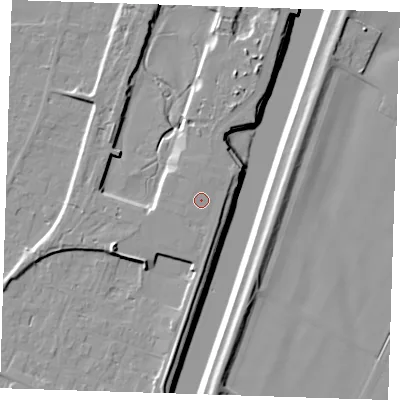 Shaded relief map of the ground around PE129QH, computed from Environment Agency LiDAR. The ground here sits at about 6 m above sea level and falls 11 m across the surrounding 800 m. The ground contributing surface water to this point lies to the north-north-west.