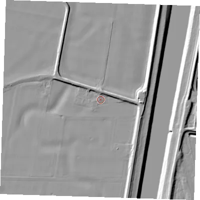Shaded relief map of the ground around PE129QJ, computed from Environment Agency LiDAR. The ground here sits at about 4 m above sea level and falls 11 m across the surrounding 800 m. Surface water reaching this point runs off ground lying to the west-south-west, 0.9 m higher.