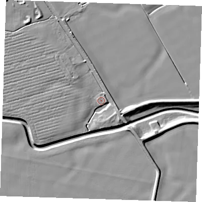 Shaded relief map of the ground around PE129QL, computed from Environment Agency LiDAR. The ground here sits at about 2 m above sea level and falls 8 m across the surrounding 800 m. Surface water reaching this point runs off ground lying to the south-east, 6.6 m higher.