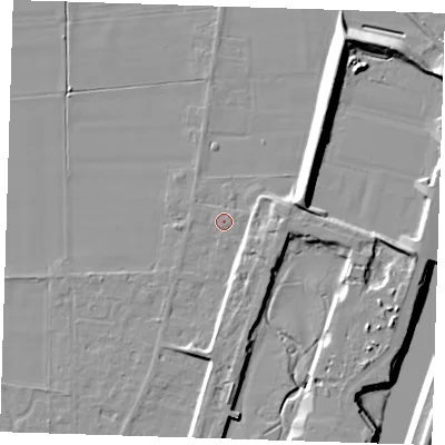 Shaded relief map of the ground around PE129QN, computed from Environment Agency LiDAR. The ground here sits at about 4 m above sea level and falls 12 m across the surrounding 800 m. Surface water reaching this point runs off ground lying to the south-east, 3.4 m higher.