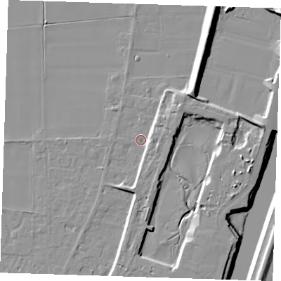 Shaded relief map of the ground around PE129QP, computed from Environment Agency LiDAR. The ground here sits at about 4 m above sea level and falls 12 m across the surrounding 800 m. Surface water reaching this point runs off ground lying to the south, 3.8 m higher.