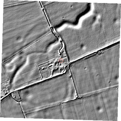 Shaded relief map of the ground around PE129QQ, computed from Environment Agency LiDAR. The ground here sits at about 4 m above sea level and falls 5 m across the surrounding 800 m. Surface water reaching this point runs off ground lying to the south-east, 1.1 m higher.