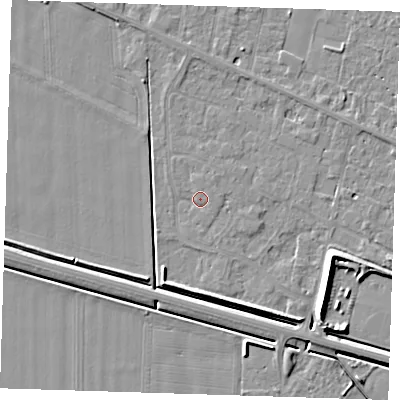 Shaded relief map of the ground around PE129QT, computed from Environment Agency LiDAR. The ground here sits at about 4 m above sea level and falls 7 m across the surrounding 800 m. Surface water reaching this point runs off ground lying to the south-east, 0.6 m higher.