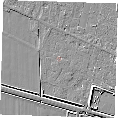Shaded relief map of the ground around PE129QU, computed from Environment Agency LiDAR. The ground here sits at about 4 m above sea level and falls 7 m across the surrounding 800 m. Surface water reaching this point runs off ground lying to the south, 0.5 m higher.