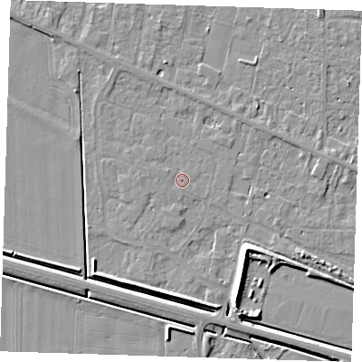 Shaded relief map of the ground around PE129QX, computed from Environment Agency LiDAR. The ground here sits at about 4 m above sea level and falls 7 m across the surrounding 800 m. Surface water reaching this point runs off ground lying to the west-south-west, 0.6 m higher.