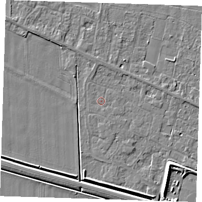 Shaded relief map of the ground around PE129QY, computed from Environment Agency LiDAR. The ground here sits at about 4 m above sea level and falls 7 m across the surrounding 800 m. Surface water reaching this point runs off ground lying to the south-south-east, 0.9 m higher.