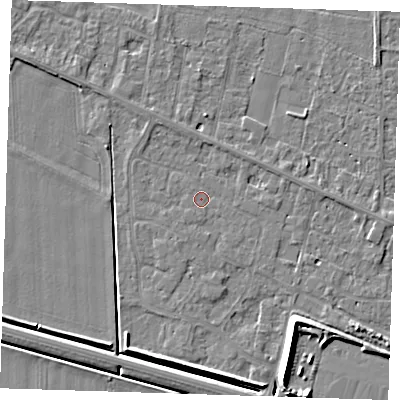 Shaded relief map of the ground around PE129QZ, computed from Environment Agency LiDAR. The ground here sits at about 4 m above sea level and falls 7 m across the surrounding 800 m. Surface water reaching this point runs off ground lying to the south-south-west, 0.8 m higher.
