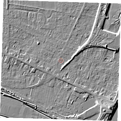 Shaded relief map of the ground around PE129RA, computed from Environment Agency LiDAR. The ground here sits at about 4 m above sea level and falls 11 m across the surrounding 800 m. Surface water reaching this point runs off ground lying to the east-north-east, 2.4 m higher.