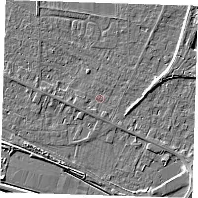 Shaded relief map of the ground around PE129RB, computed from Environment Agency LiDAR. The ground here sits at about 4 m above sea level and falls 6 m across the surrounding 800 m. Surface water reaching this point runs off ground lying to the west-south-west, 1.2 m higher.