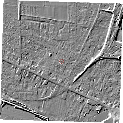 Shaded relief map of the ground around PE129RD, computed from Environment Agency LiDAR. The ground here sits at about 4 m above sea level and falls 7 m across the surrounding 800 m. Surface water reaching this point runs off ground lying to the east-north-east, 0.5 m higher.