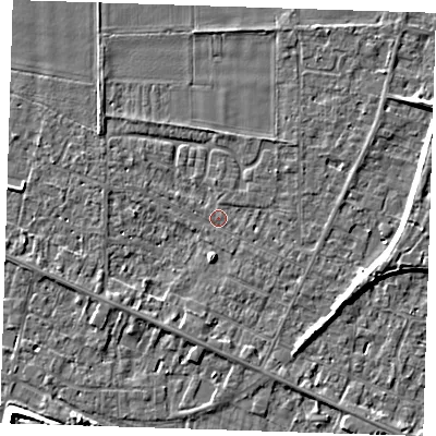 Shaded relief map of the ground around PE129RE, computed from Environment Agency LiDAR. The ground here sits at about 4 m above sea level and falls 6 m across the surrounding 800 m. Surface water reaching this point runs off ground lying to the west-south-west, 1.3 m higher.