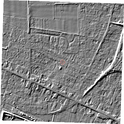 Shaded relief map of the ground around PE129RF, computed from Environment Agency LiDAR. The ground here sits at about 4 m above sea level and falls 6 m across the surrounding 800 m. Surface water reaching this point runs off ground lying to the south-south-west, 1.9 m higher.