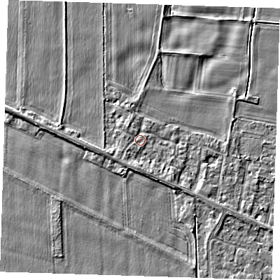 Shaded relief map of the ground around PE129RG, computed from Environment Agency LiDAR. The ground here sits at about 4 m above sea level and falls 3 m across the surrounding 800 m. Surface water reaching this point runs off ground lying to the south, 1.3 m higher.
