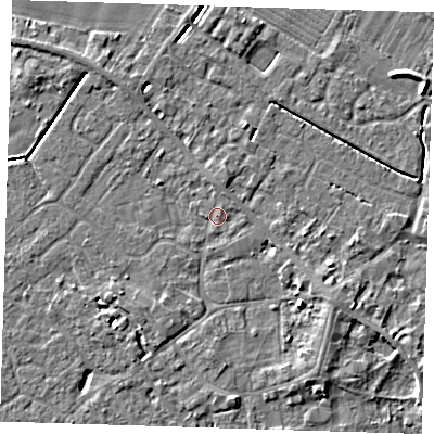 Shaded relief map of the ground around PE129RL, computed from Environment Agency LiDAR. The ground here sits at about 3 m above sea level and falls 6 m across the surrounding 800 m. Surface water reaching this point runs off ground lying to the north-east, 1.1 m higher.