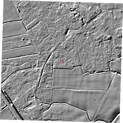 Shaded relief map of the ground around PE129RP, computed from Environment Agency LiDAR. The ground here sits at about 3 m above sea level and falls 7 m across the surrounding 800 m. Surface water reaching this point runs off ground lying to the south-west, 0.7 m higher.