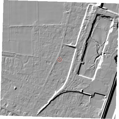Shaded relief map of the ground around PE129RQ, computed from Environment Agency LiDAR. The ground here sits at about 4 m above sea level and falls 12 m across the surrounding 800 m. Surface water reaching this point runs off ground lying to the north-north-west, 1.0 m higher.