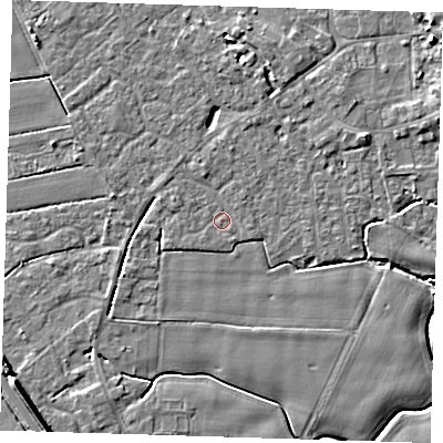 Shaded relief map of the ground around PE129RR, computed from Environment Agency LiDAR. The ground here sits at about 3 m above sea level and falls 7 m across the surrounding 800 m. Surface water reaching this point runs off ground lying to the west-north-west, 0.8 m higher.