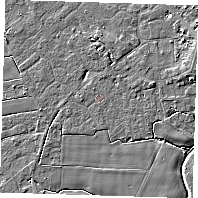Shaded relief map of the ground around PE129RS, computed from Environment Agency LiDAR. The ground here sits at about 3 m above sea level and falls 6 m across the surrounding 800 m. Surface water reaching this point runs off ground lying to the west-south-west, 0.8 m higher.