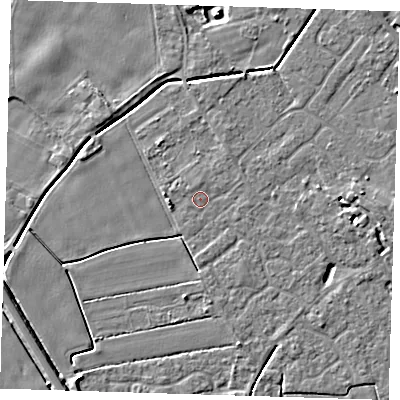 Shaded relief map of the ground around PE129RT, computed from Environment Agency LiDAR. The ground here sits at about 3 m above sea level and falls 4 m across the surrounding 800 m. Surface water reaching this point runs off ground lying to the north, 0.7 m higher.
