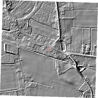 Shaded relief map of the ground around PE129RU, computed from Environment Agency LiDAR. The ground here sits at about 4 m above sea level and falls 8 m across the surrounding 800 m. Surface water reaching this point runs off ground lying to the east-north-east, 0.8 m higher.