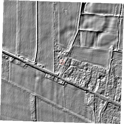 Shaded relief map of the ground around PE129RW, computed from Environment Agency LiDAR. The ground here sits at about 4 m above sea level and falls 3 m across the surrounding 800 m. Surface water reaching this point runs off ground lying to the south-south-west, 1.2 m higher.