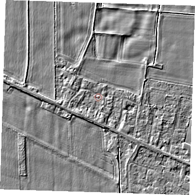 Shaded relief map of the ground around PE129RY, computed from Environment Agency LiDAR. The ground here sits at about 4 m above sea level and falls 3 m across the surrounding 800 m. Surface water reaching this point runs off ground lying to the south-west, 1.7 m higher.