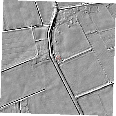 Shaded relief map of the ground around PE129RZ, computed from Environment Agency LiDAR. The ground here sits at about 4 m above sea level and falls 4 m across the surrounding 800 m. Surface water reaching this point runs off ground lying to the south-west, 1.5 m higher.