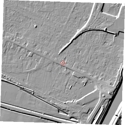 Shaded relief map of the ground around PE129SA, computed from Environment Agency LiDAR. The ground here sits at about 4 m above sea level and falls 11 m across the surrounding 800 m. Surface water reaching this point runs off ground lying to the north-east, 6.4 m higher.